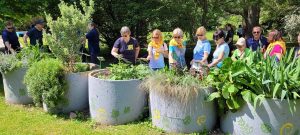 Udeleženci otvoritve Učne poti si ogledujejo rastline v koritih