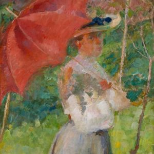 Slika Mateja Sternena, ki prikazuje lepo oblečeno žensko s klobukom in rdečim dežnikom. Vir: Narodna galerija Slovenije