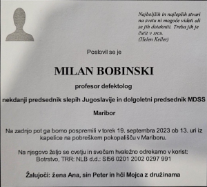 Obvestilo o pogrebu Milana Bobinskega