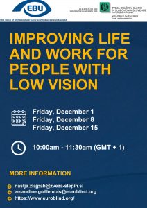 Plakat z vabilom na spletne seminarje za izboljšanje življenja slepih in slabovidnih v angleškem jeziku.