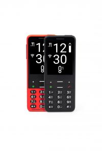 Na fotografiji sta telefona Blindshell Classic 2 v črni in rdeči barvi fotografirana iz sprednje strani na beli podlagi.