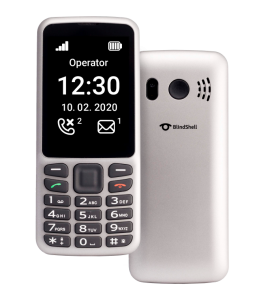 Na fotografiji je telefon BlindShell Lite v srebrni barvi, vidimo ga v celoti od spredaj, za njim pa je prikazan hrbet telefona z vidno SOS tipko.
