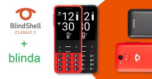 Na fotografiji sta telefona Blindshell classic 2 v rdeči in črni barvi z logotipom podjetja Blindshell ter napisom blinda.