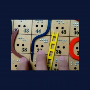 Na sliki je del igralne deske igre Kače in lestve. Igralna plošča je lesena. Na njej je več barvnih kač in lestev. Polja so oštevilčena, tudi v brajici. Na vsakem polju sta dve luknjici za možička. Na spodnjem delu slike se vidijo trije prsti osebe, ki tipa igralno ploščo.