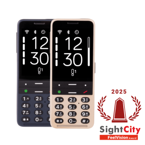 Na sliki sta telefona Blindshell classic 3 v zlati in modri barvi, ki sta prejela nagrado za najboljši produkt na sejmu SightCity 2025