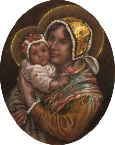 Ovalna slika prikazuje žensko v bogato okrašenem pokrivalu in pisani tradicionalni noši, ki v naročju drži otroka dojenčka v svetlem oblačilu in čipkastem pokrivalu. Obe figuri imata okoli glave zlat sij, ozadje pa je temno in enotno.