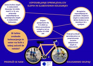 Grafično vabilo na usposabljanje za spremljevalce slepih in slabovidnih kolesarjev. Dogodek bo v soboto, 16. maja 2026, med 9. in 16. uro v Knjižnici slepih in slabovidnih Minke Skaberne na Kotnikovi 32 v Ljubljani. Usposabljanje je brezplačno. Prijave zbirajo do 11. maja 2026 po elektronski pošti ali telefonu. Vabilo spodbuja pridružitev Mreži spremljevalcev in skupno kolesarjenje.