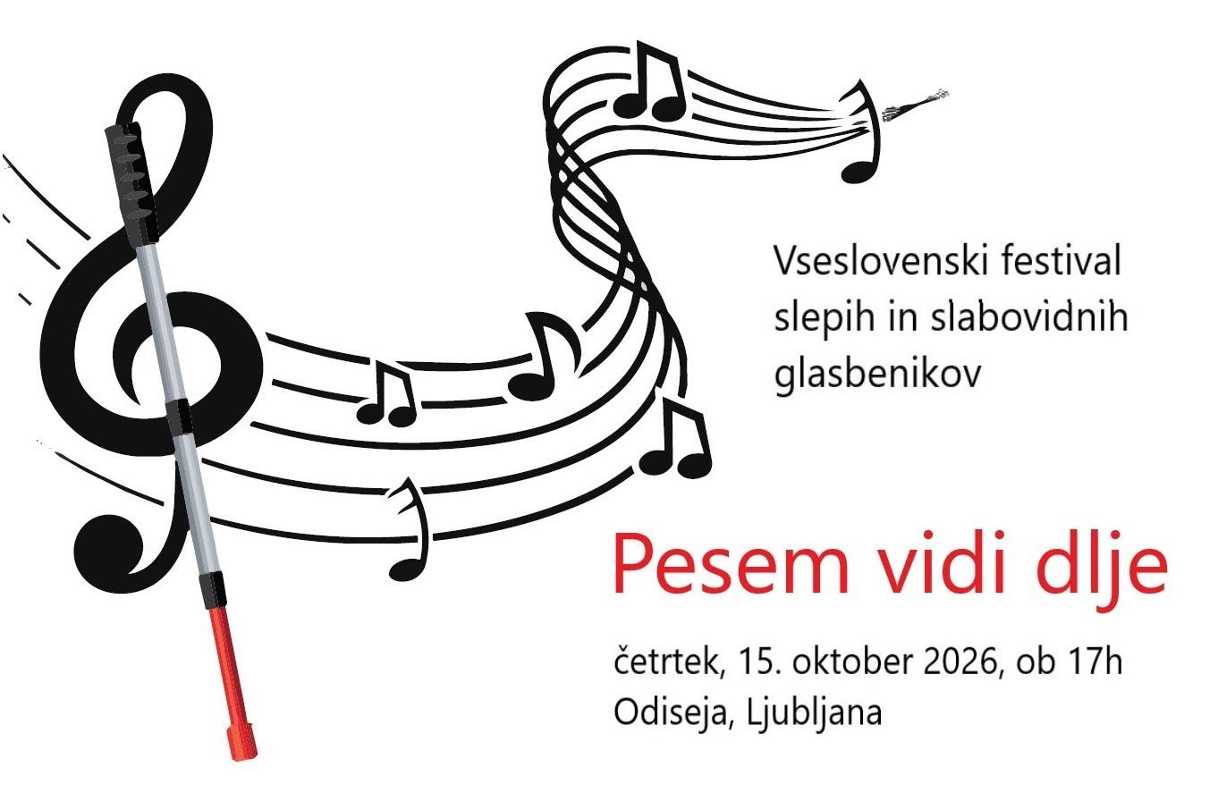iz violinskega ključa izhaja bela palica, pod njim pa se vije notni zapis in note. zraven je napis Pesem vidi dlje